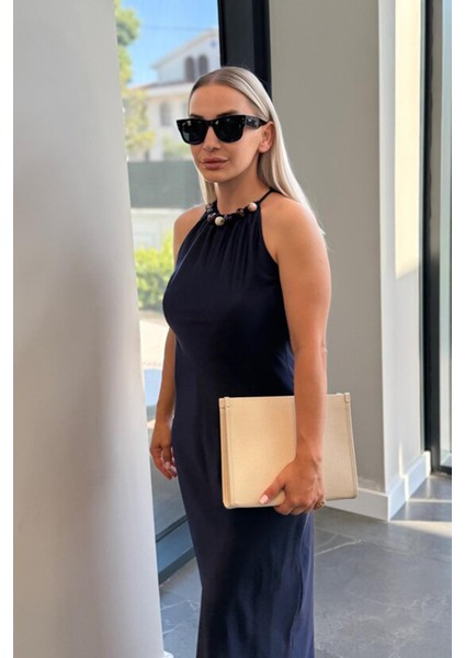 Saten Bisiklet Yaka Uzun Kadın Siyah Elbise fiyatları