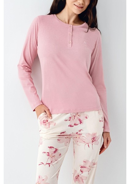 Paris Kadın Gül Desenli Modal Pamuklu Düğmeli Uzun Kollu Pijama Takım modelleri