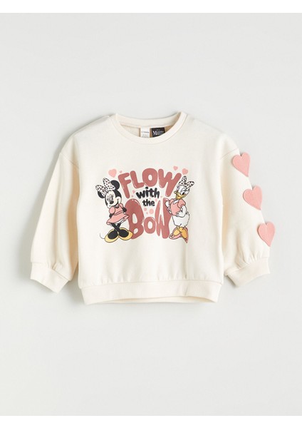 Yeni Sezon Bisiklet Yaka Minnie Mouse Baskılı Kız Çocuk Sweatshirt