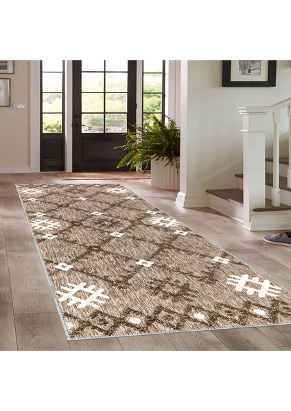 Rione Geometrik Kahve Polyester ve Pamuklu Yıkanabilir Kaydırmaz Taban Dijital Baskı Halı fırsatları