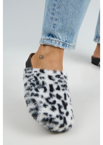 Leda Kadın Peluş Düz Beyaz Leopar Terlik fırsatları