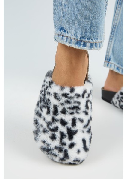 Leda Kadın Peluş Düz Beyaz Leopar Terlik indirimleri