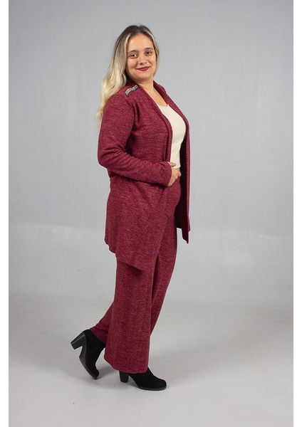 Pamuklu Yün Viskon Büyük Beden Pantolon Hırka Takım Bordo