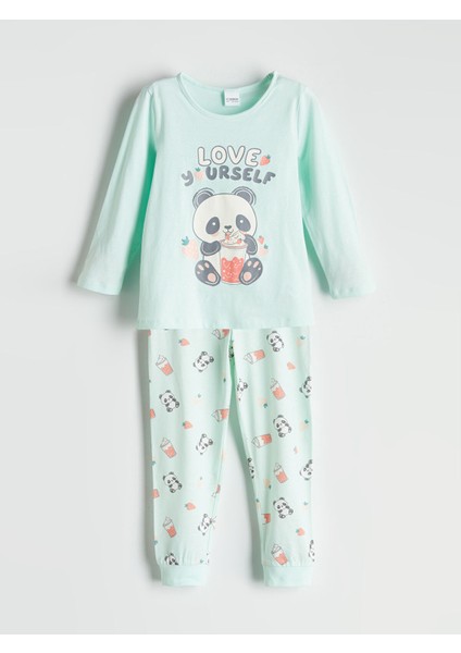 Yeni Sezon Bisiklet Yaka Baskılı Uzun Kollu Kız Çocuk Pijama Takımı