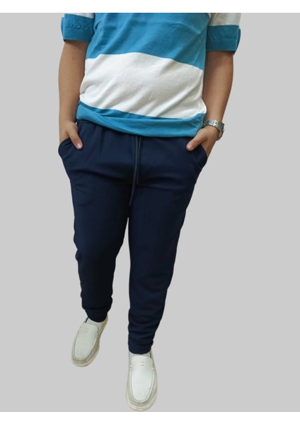 Erkek Beli Lastikli Bağcıklı Çakıl Taşlı Patlı Lacivert Jogger Pantolon