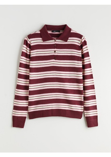 Yeni Sezon Polo Yaka Çizgili Kadın Triko Kazak indirimleri