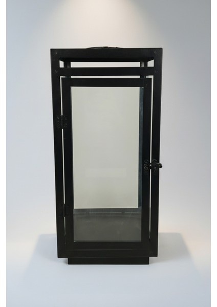 Metal Dikdörtgen Mumluk Şamdan - Askılı Cam Panelli Dekoratif 43 cm Siyah Fener