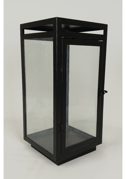 Metal Dikdörtgen Mumluk Şamdan - Askılı Cam Panelli Dekoratif 43 cm Siyah Fener indirimleri