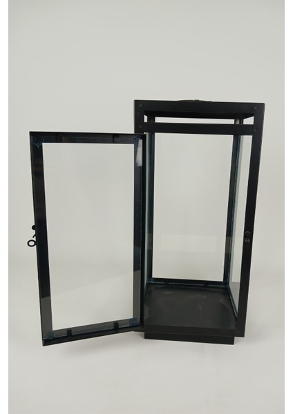 Metal Dikdörtgen Mumluk Şamdan - Askılı Cam Panelli Dekoratif 43 cm Siyah Fener