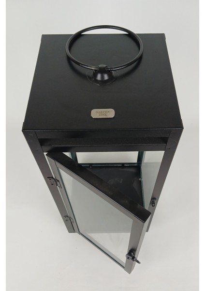 Metal Dikdörtgen Mumluk Şamdan - Askılı Cam Panelli Dekoratif 43 cm Siyah Fener