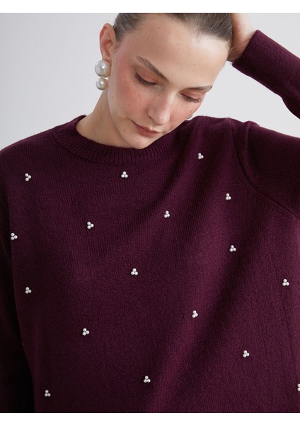 Yeni Sezon Bisiklet Yaka Boncuk Işlemeli Kadın Triko Kazak