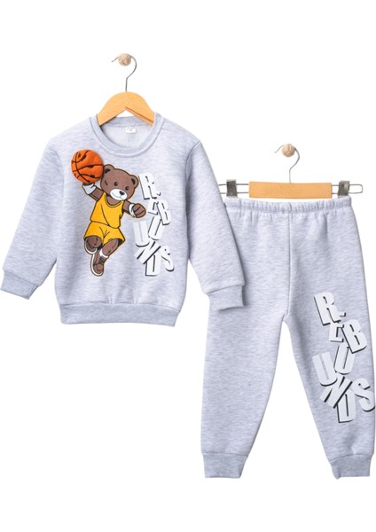 Bebebix Erkek Çocuk Basketbol Ayıcık Baskılı 3 Iplik Şardonlu Kalın Kışlık Eşofman Takımı 2-6 Yaş