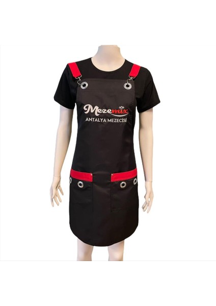 Leke Su Tutmaz Çapraz Askılı Siyah Kırmızı Önlük