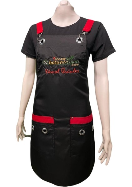 Leke Su Tutmaz Çapraz Askılı Siyah Kırmızı Önlük modelleri