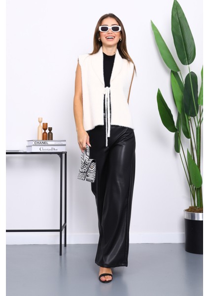 Krem Ön Bağlamalı Kısa Angora Yumoş Yelek fiyatları