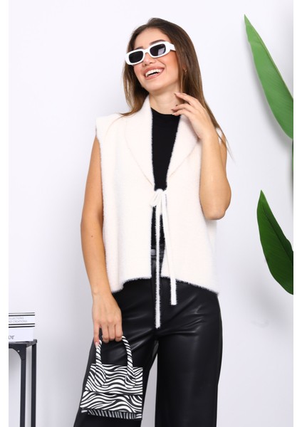 Krem Ön Bağlamalı Kısa Angora Yumoş Yelek modelleri