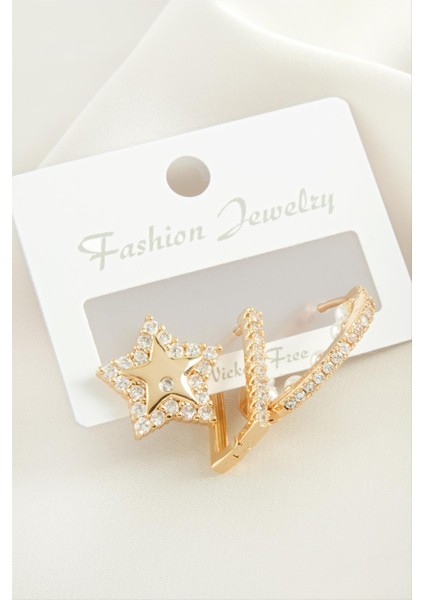 Depomix 3 Adet Yıldız Inci Zirkon Taşlı Küpe-Gümüş Rengi