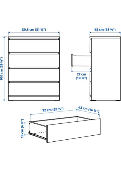 Malm 4 Çekmeceli Şifonyer Ağartılmış Meşe Kaplama 80 x 100 Cm fiyatları