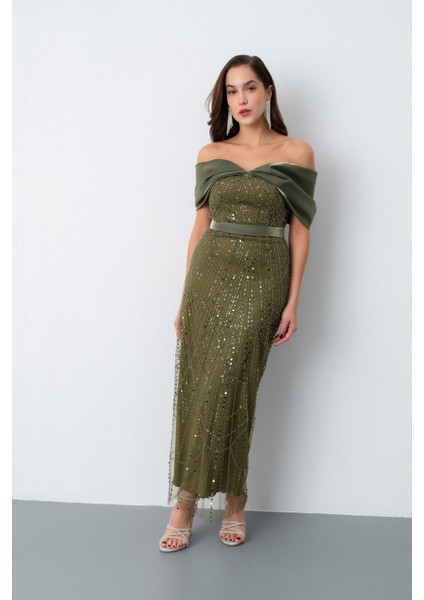 Kadın Haki Kayık Yaka Midi Boncuklu Abiye Elbise