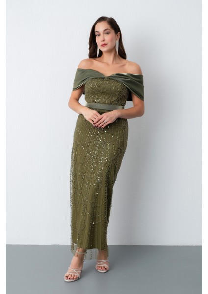 Kadın Haki Kayık Yaka Midi Boncuklu Abiye Elbise fiyatları