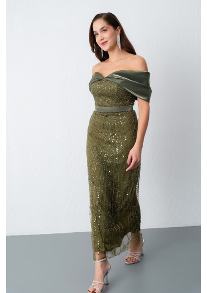 Kadın Haki Kayık Yaka Midi Boncuklu Abiye Elbise modelleri