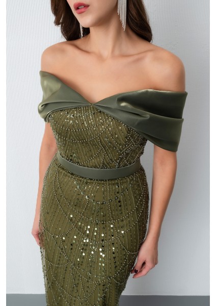 Kadın Haki Kayık Yaka Midi Boncuklu Abiye Elbise fırsatları