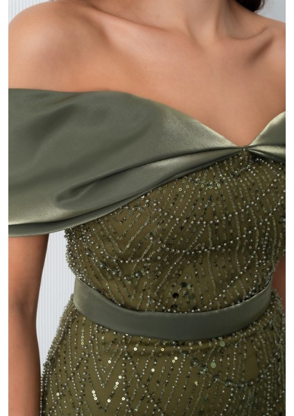 Kadın Haki Kayık Yaka Midi Boncuklu Abiye Elbise indirimleri