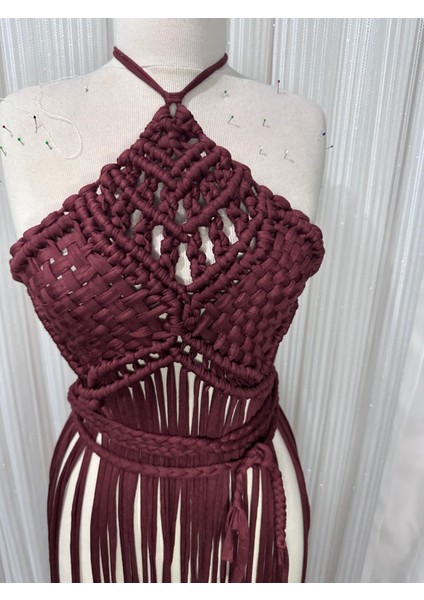 El Yapımı Bordo Makrome Festival Elbisesi – Bohem Halter Uzun Elbise Püskül Detaylı | Boho Plaj Elbisesi | Akasha Design El Yapımı Yaz Kıyafeti modelleri