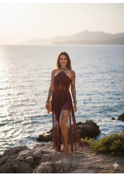 El Yapımı Bordo Makrome Festival Elbisesi – Bohem Halter Uzun Elbise Püskül Detaylı | Boho Plaj Elbisesi | Akasha Design El Yapımı Yaz Kıyafeti indirimleri
