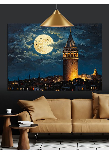 Dolunay Altında Tarihi Galata Kulesi Dekoratif Kanvas - Mdf Ahşap Tablo