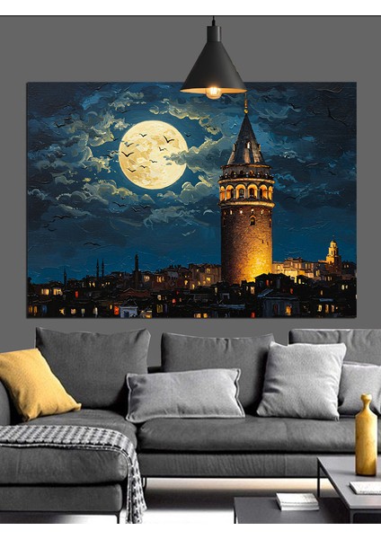 Dolunay Altında Tarihi Galata Kulesi Dekoratif Kanvas - Mdf Ahşap Tablo fiyatları