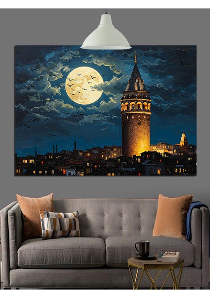Dolunay Altında Tarihi Galata Kulesi Dekoratif Kanvas - Mdf Ahşap Tablo modelleri