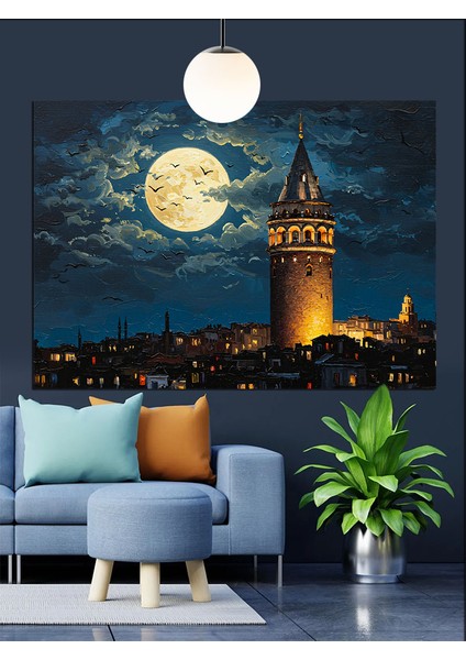 Dolunay Altında Tarihi Galata Kulesi Dekoratif Kanvas - Mdf Ahşap Tablo indirimleri