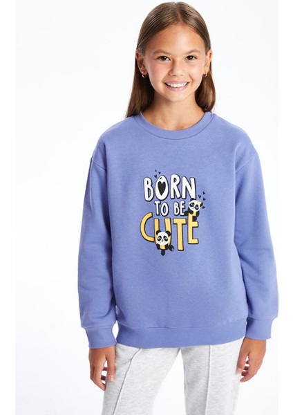 Yeni Sezon Bisiklet Yaka Baskılı Kız Çocuk Sweatshirt