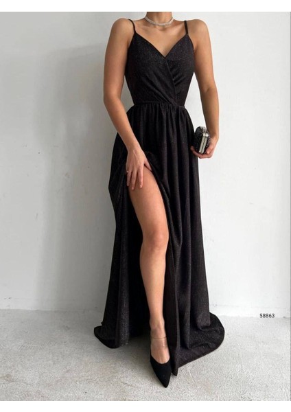 Kruvaze Yaka Simli Abiye Elbise 58863 Siyah