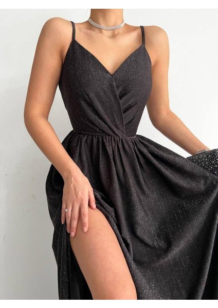 Kruvaze Yaka Simli Abiye Elbise 58863 Siyah fiyatları