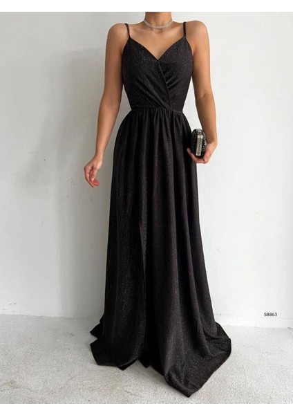 Kruvaze Yaka Simli Abiye Elbise 58863 Siyah modelleri