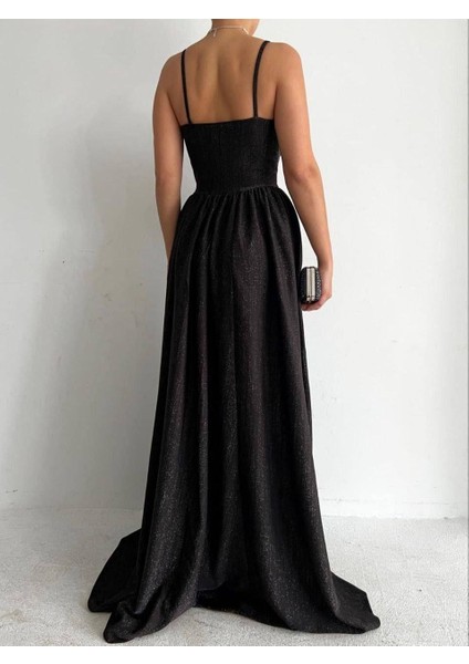 Kruvaze Yaka Simli Abiye Elbise 58863 Siyah fırsatları