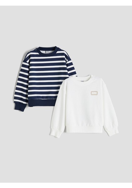 Yeni Sezon Bisiklet Yaka Baskılı Kız Çocuk Sweatshirt 2'li