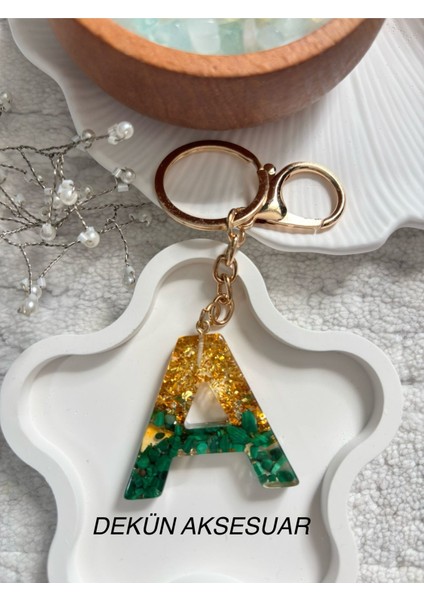 A Harfi Epoksi Yeşil Gold El Yapımı Anahtarlık