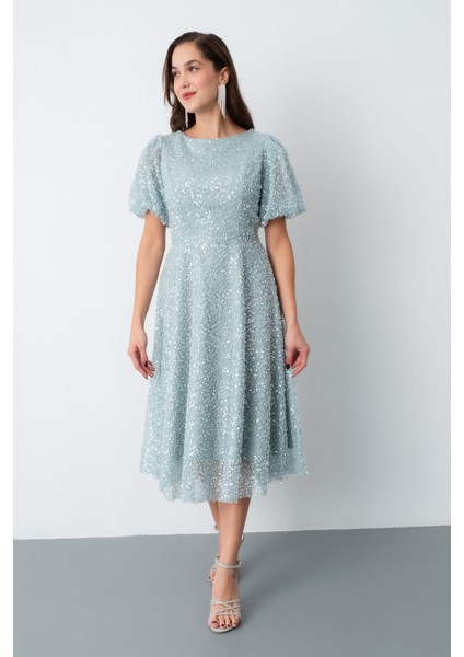 Kadın Mint Yeşili Balon Kol Pul Payet Midi Abiye Elbise fiyatları