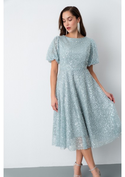 Kadın Mint Yeşili Balon Kol Pul Payet Midi Abiye Elbise modelleri