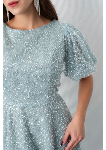 Kadın Mint Yeşili Balon Kol Pul Payet Midi Abiye Elbise fırsatları