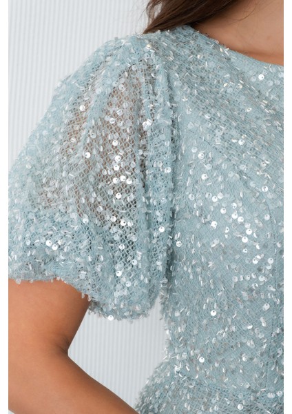 Kadın Mint Yeşili Balon Kol Pul Payet Midi Abiye Elbise indirimleri