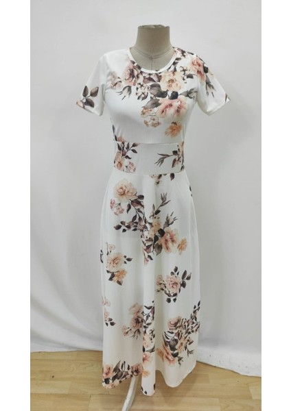 Kadın Kısa Kollu Bisiklet Yaka Puantiyeli Maksi Örme Krep Elbise fırsatları