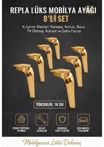 Repla Mobilya Kanepe Tv Ünitesi Koltuk ve Konsol Dolap Ayağı 16 cm Altın
