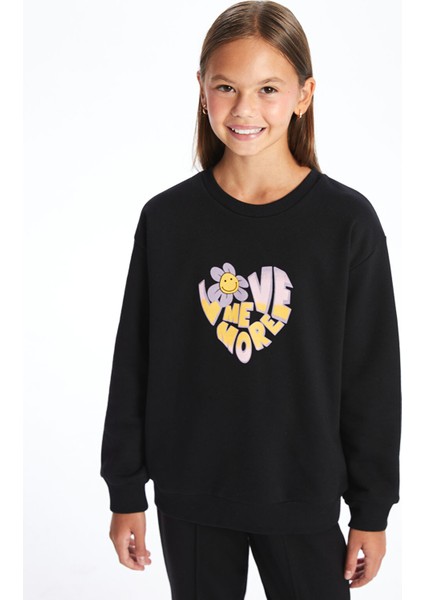Yeni Sezon Bisiklet Yaka Baskılı Kız Çocuk Sweatshirt