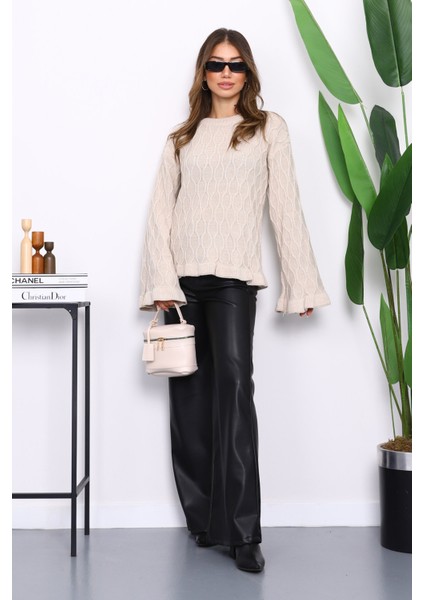 Taş Bel ve Kol Ucu Fırfırlı Triko Kazak fiyatları