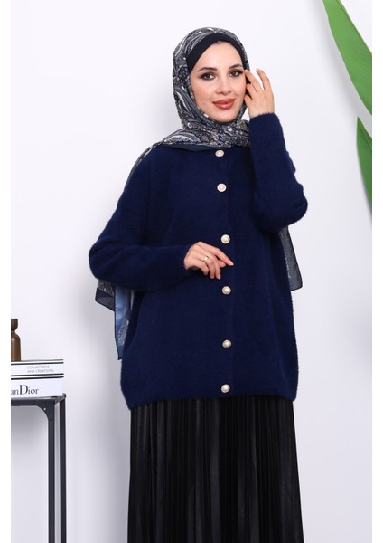 Lacivert Bisiklet Yaka Angora Yumoş Hırka