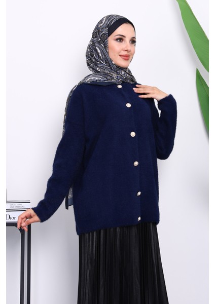 Lacivert Bisiklet Yaka Angora Yumoş Hırka modelleri